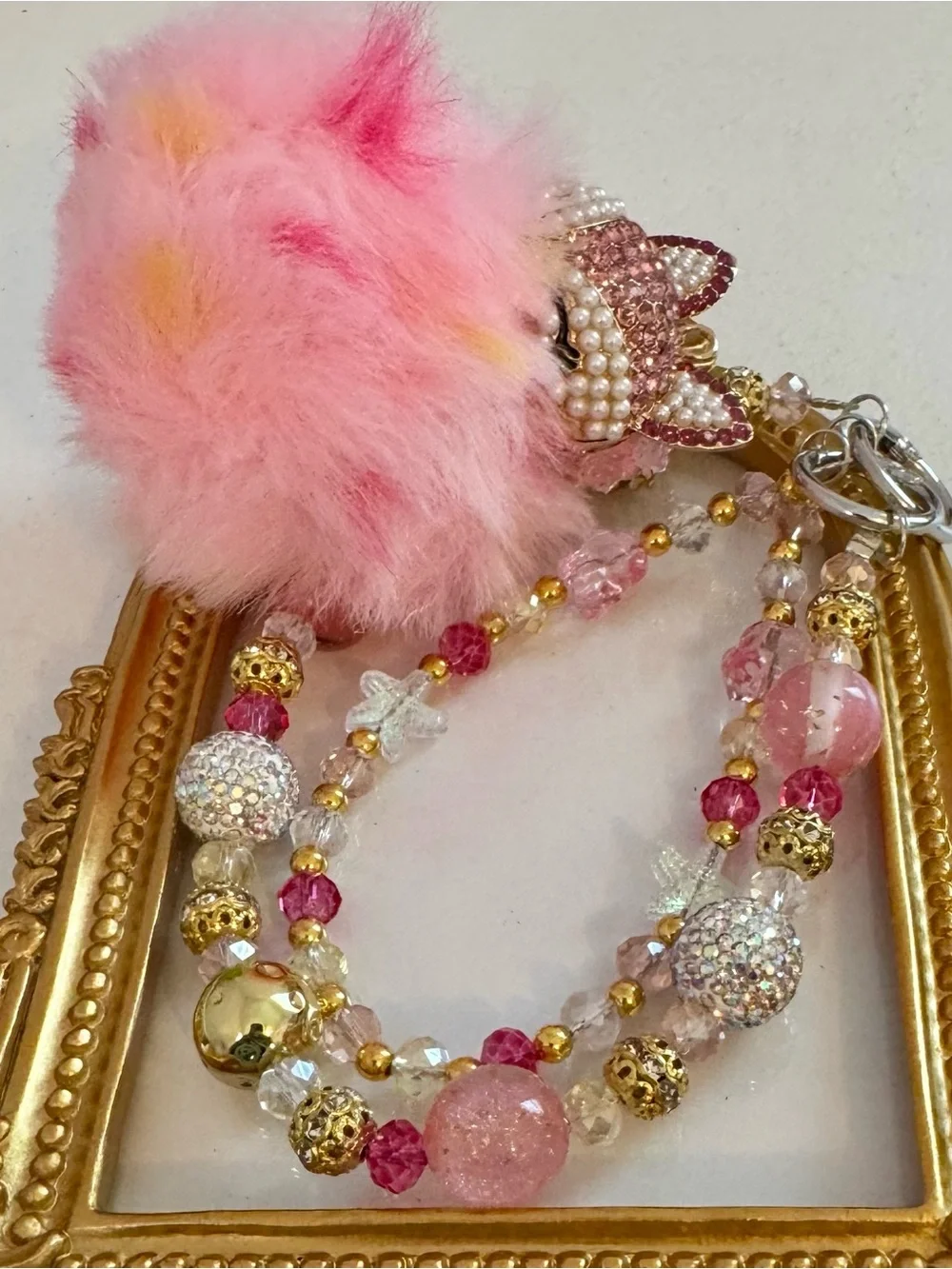 New Pink Pom-Pearl Fox  Phone Charm with Crystal Accents